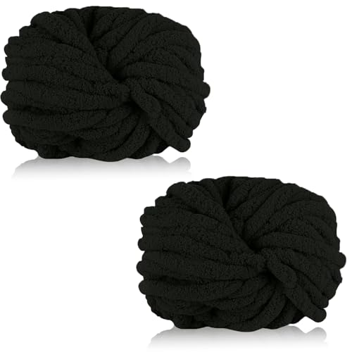Duscdesp 500g(2 x 250g) Dicke Wolle Garn, Chenille Chunky Wolle Weiche Armstricken Wolle zum Stricken und Häkeln XXL Chenille Wolle Yarn für Decken, Kissen, Schals, Mützen (Schwarz) von Duscdesp