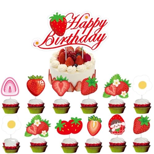 Dusenly 13 Stück Erdbeere Cupcake Topper Erdbeere Happy Birthday Kuchen Topper Baby Mädchen Beeren Thema Geburtstag Party Kuchen Dekorationen von Dusenly
