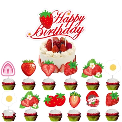 Dusenly 13 Stück Erdbeere Cupcake Topper Erdbeere Happy Birthday Kuchen Topper Baby Mädchen Beeren Thema Geburtstag Party Kuchen Dekorationen von Dusenly