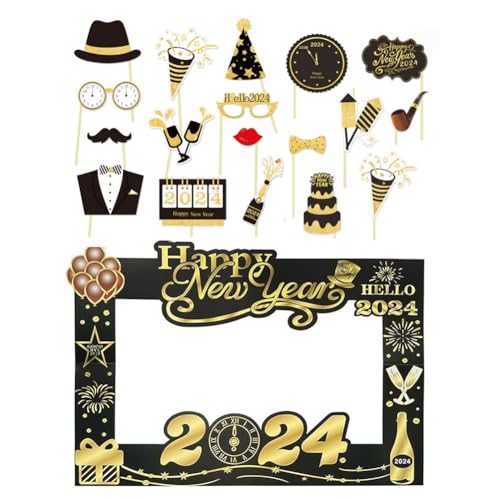 Dusenly 2024 Neujahr Party Photo Booth Requisiten Schwarz Gold Papier Fotorahmen Requisiten mit Kartenrahmen für 2024 Silvester Party Dekorationen von Dusenly