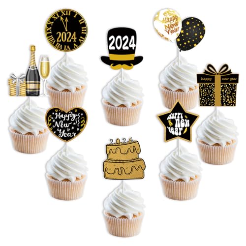 Dusenly 24 Stück 2024 Happy New Year Cupcake Toppers Schwarz Gold Cupcake Picks für 2024 Silvester Party Supplies von Dusenly