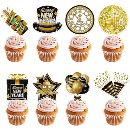 Dusenly 24 Stück 2024 Happy New Year Cupcake Toppers Schwarz Gold Glitzer 2024 Silvester Party Kuchen Topper Gefälligkeiten von Dusenly