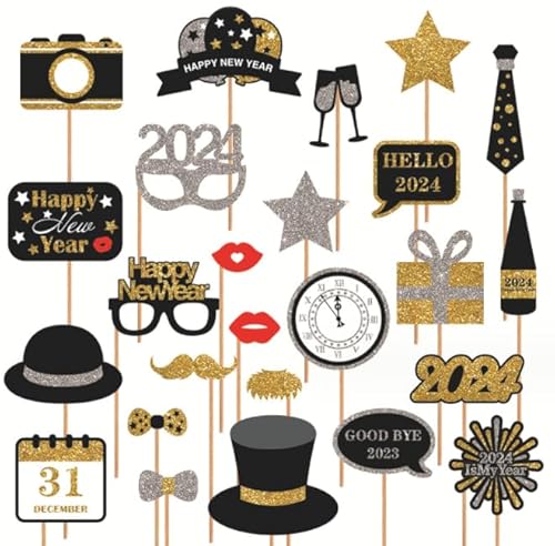 Dusenly 25 Stück 2024 Happy Silvester Party Photo Booth Requisiten Gold Glitter 2024 Neujahr Party Requisiten Dekoration Gefälligkeiten von Dusenly