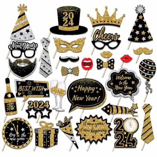 Dusenly 30 Stück 2024 Neujahr Party Photo Booth Requisiten Schwarz Golden Glitter Happy New Year Posing Requisiten für 2024 Silvester Party Dekorationen von Dusenly