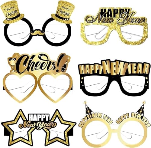 Dusenly 6 Stück 2024 Happy New Year Brillen Fancy Neujahr Party Brille Papierrahmen Foto Requisiten für 2024 Silvester Party Supplies von Dusenly