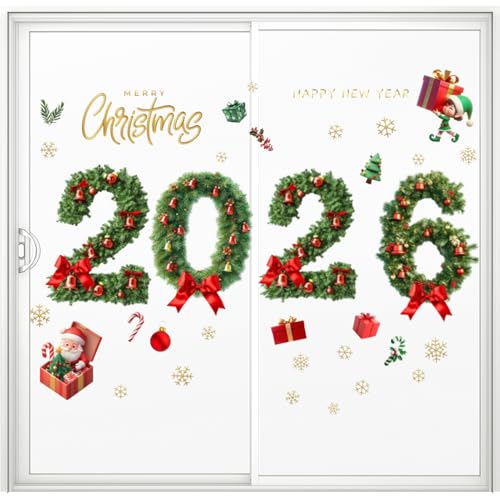 Duvcoywae Weihnachts Fenster Cling Aufkleber,Festliche 2026 Weihnachtsaufkleber Statisch Haftend | Entfernbare Feiertagsdekorationen Fensterfolien für Wohnzimmer, Schlafzimmer, Winter und von Duvcoywae