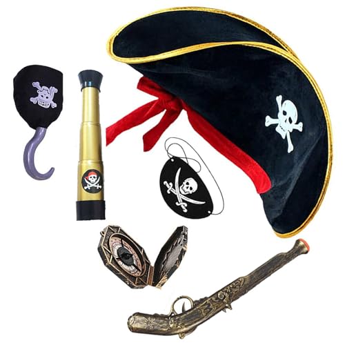 Duyeuau Piraten-Outfit mit Handheld- und Augenbinde, Totenkopf-Druck, Hut, Ornament für Kinder, Halloween-Partyzubehör von Duyeuau
