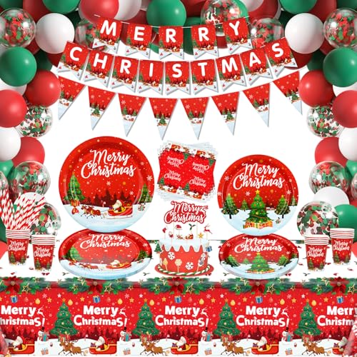 150 Pack Weihnachten Party Supplies Weihnachten Geschirr Set - Pappteller, Banner, Servietten, Tassen Tischdecke, Luftballons für Xmas Themed Party Dekorationen Serve 20 (Xmas-1) von Dvaorc