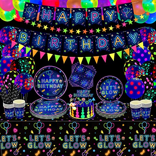 178 Pack Let's Glow Party-Zubehör Leuchtendes Geschirrset Neon Luftballon Leuchtende im Dunkeln Geburtstags-Banner Neon-Ballon-Tortenaufleger für Schwarzlicht-Party-Dekoration für 20 Personen 178 Pack Let's Glow Party-Zubehör Leuchtendes Geschirrset Neon Luftballon Leuchtende im Dunkeln Geburtstags-Banner Neon-Ballon-Tortenaufleger für Schwarzlicht-Party-Dekoration für 20 Personen von Dvaorc
