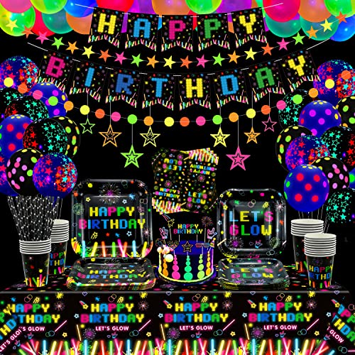 181 PCS Glow Neon Partyzubehör Neon Glow Geschirr Set Neon Ballon Glow in The Dark Geburtstagsbanner Hanging Swirl Cake Toppers für Blacklight Party Dekoration Für 20 181 PCS Glow Neon Partyzubehör Neon Glow Geschirr Set Neon Ballon Glow in The Dark Geburtstagsbanner Hanging Swirl Cake Toppers für Blacklight Party Dekoration Für 20 von Dvaorc