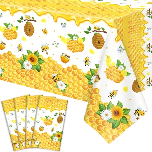 4 Pack Bee Tablecloth Happy Bee Day Tablecloths Rectangle Honey Bees Bumble Table Cover Bee Theme Party Tablecloth for Bee Baby Shower Bee Birthday Party Decorations 51 x 86 Inch von Dvaorc