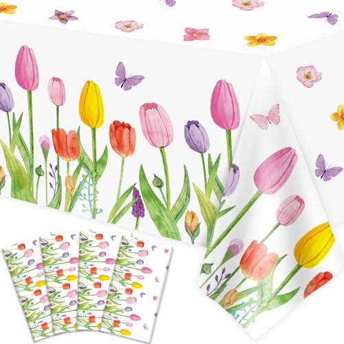 4 Stück Sommer Blumen Tischdecke Tulpe Blumen Tischdecke Kunststoff Frühling Blumen Tischdecke Sommer Blume Tulpe Tischdecke für Hochzeit, Babyparty, Geburtstag Party Dekorationen 130 x 213 cm von Dvaorc