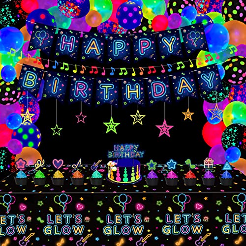 65 PCS Glow Party Supplies Set Glühen in der dunklen Geburtstag Banner UV Schwarzlicht Reaktive Kuchen Topper wirbelt Neon Fluoreszierende Neon Sterne Musikalische Girlanden Neon Party Dekorationen… von Dvaorc