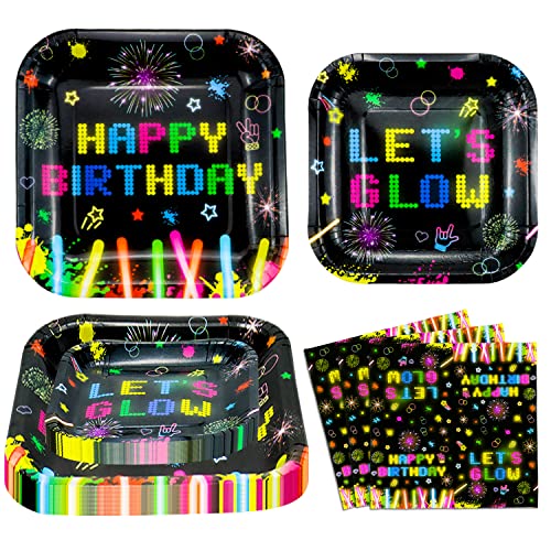 Dvaorc 120 Pack Neon Glow Party Supplies Glow Tableware Set Glow Party Plates Glow in The Dark Birthday Plates, Napkins Blacklight Party Decoration Neon Glow Birthday Party Decorations Serves 40 von Dvaorc