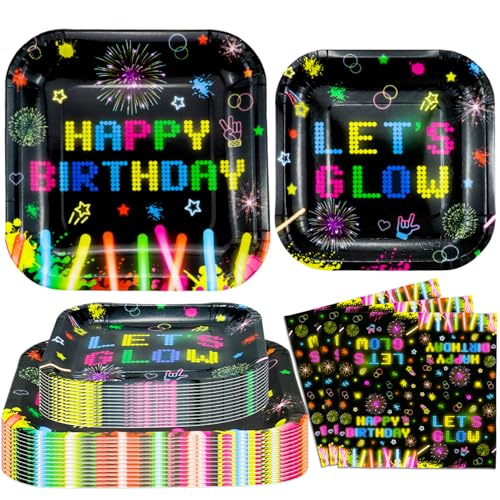 Dvaorc 120 Pack Neon Glow Party Supplies Glow Tableware Set Glow Party Plates Glow in The Dark Birthday Plates, Napkins Blacklight Party Decoration Neon Glow Birthday Party Decorations Serves 40 von Dvaorc