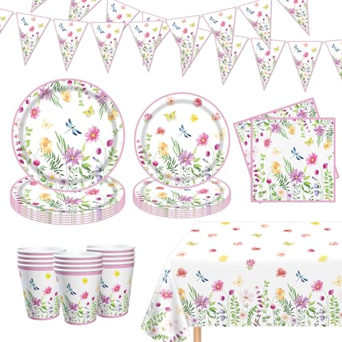 Floral Garden Party Supplies Set, Pappteller, Becher, Servietten, Banner und Tischdecke mit Schmetterling und Libelle Design Floral Garden Party Supplies Set, Pappteller, Becher, Servietten, Banner und Tischdecke mit Schmetterling und Libelle Design von Dvaorc
