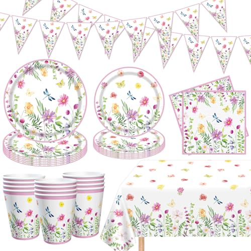 Floral Garden Party Supplies Set, Pappteller, Becher, Servietten, Banner und Tischdecke mit Schmetterling und Libelle Design von Dvaorc