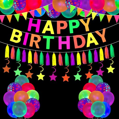 Glühen Alles Gute zum Geburtstag Party-Zubehör Glow Party Dekorationen Happy-Birthday-Banner, leuchtende Luftballons, Neon-Papier-Quasten, Neon-Dreieck-Flagge Leuchtende von Dvaorc
