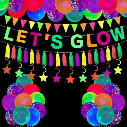 45 Pack Neon Party Zubehör Glühende Party Dekorationen-Let's Leuchtende Banner, leuchtende Luftballons, neonfarbene Papierquasten, neonfarbene Dreiecksfahne leuchten im Dunkeln Partyzubehör von Dvaorc
