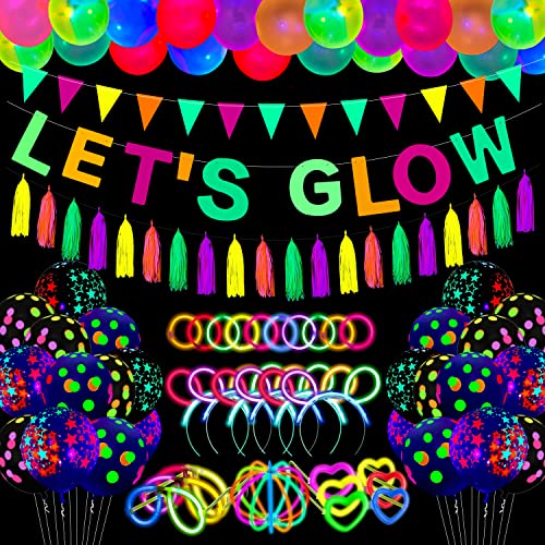 209 Pack leuchtende Partyartikel Glow Sticks Party Pack Glow Thematische Party Hängende Dekorationen Geburtstagsparty Dekoration Tischdecke, Luftballons, Sticks, Quasten, Gläser von Dvaorc