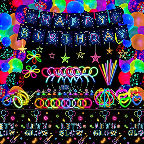 196 PCS Glow Party Supplies Glow 100 Pcs 8 Inch Sticks Party Pack Glow in the Dark Birthday Banner Gläser Armbänder Halsketten Stirnband Ball, Blume, Neon Stars Hanging Swirl Neon Party Dekorationen von Dvaorc