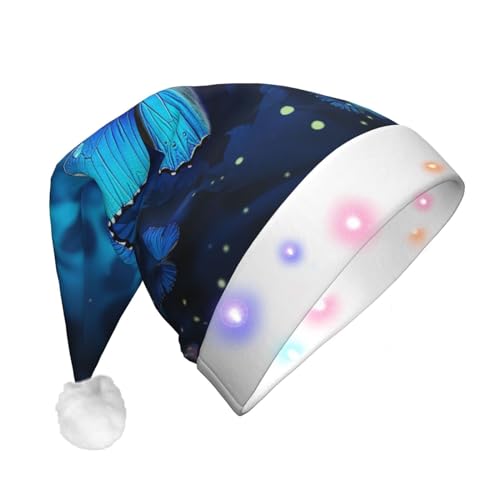 Dwrepo Blauer schöner Schmetterlings-Druck Weihnachtsmütze mit LED-Lichtern Neuheit Plüsch Weihnachtsmann Hut Xmas Urlaub Hut Für Erwachsene Urlaub Party Geschenke von Dwrepo