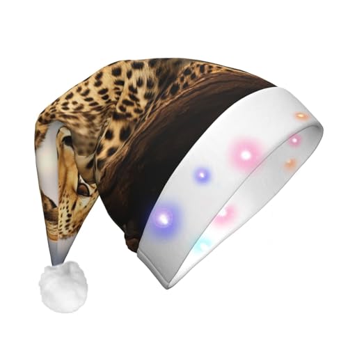 Dwrepo Coole Leoparden-Weihnachtsmütze mit LED-Lichtern Erwachsene Weihnachtsmütze Plüsch Weihnachtsmütze für Frauen Männer Party Supplies von Dwrepo