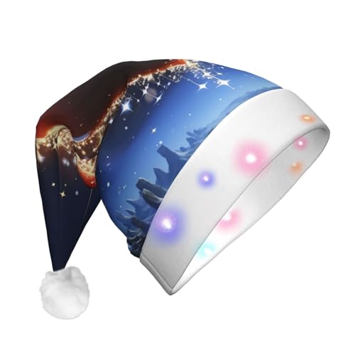 Dwrepo Herrliche Weihnachtsmütze mit Sternen-Print und LED-Lichtern, Plüsch, Weihnachtsmannmütze, für Erwachsene, Feiertagsparty-Geschenke von Dwrepo
