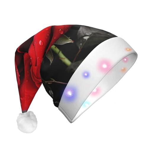 Dwrepo Rote Rose Weihnachtsmütze mit LED-Lichtern Erwachsene Weihnachtsmütze Plüsch Weihnachtsmütze für Frauen Männer Party Supplies von Dwrepo