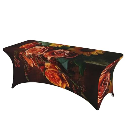 Dwrepo Tischdecke, Sonnenblumen- und Rosenmuster, rechteckig, dehnbar, Spandex, Tischdecke für Veranstaltungen, Hochzeiten, Bankette und Partys von Dwrepo