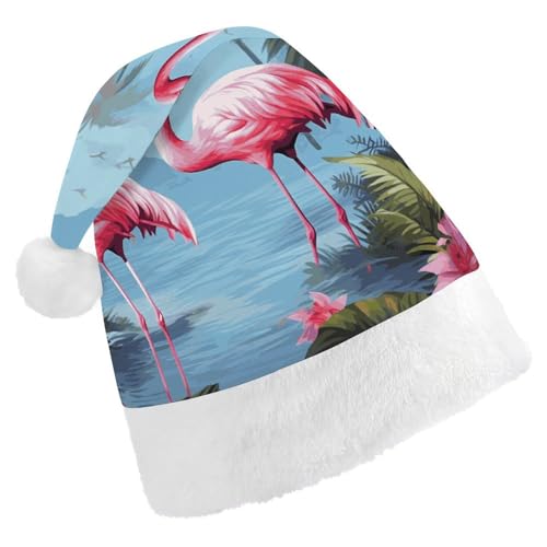 Dwrepo Weihnachtsmütze für Erwachsene, Nikolausmütze, tropische Flamingos, Uni, Urlaub, dick, Weihnachtsmütze, Party-Kopfbedeckung von Dwrepo
