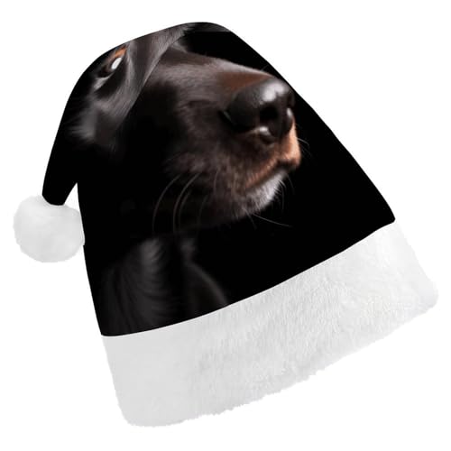 Dwrepo Weihnachtsmütze für Erwachsene, Weihnachtsmannmütze, Hund, schwarzer Hintergrund, Uni, Urlaubsmütze, dicke Weihnachtsmütze, Party-Kopfbedeckung von Dwrepo