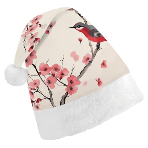 Dwrepo Weihnachtsmütze für Erwachsene, Weihnachtsmannmütze, Kirschzweige, Blumen, Vögel, Uni, Urlaub, dick, Weihnachtsmütze, Party-Kopfbedeckung von Dwrepo