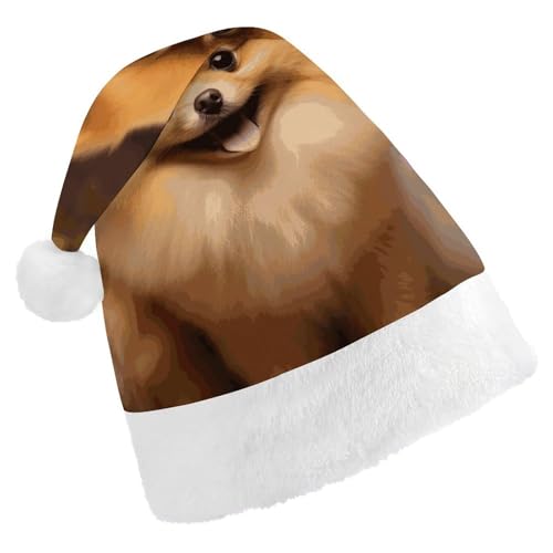 Dwrepo Weihnachtsmütze für Erwachsene, Weihnachtsmannmütze, gelber Zwergspitz, Uni, Urlaubsmütze, dicke Weihnachtsmütze, Party-Kopfbedeckung von Dwrepo