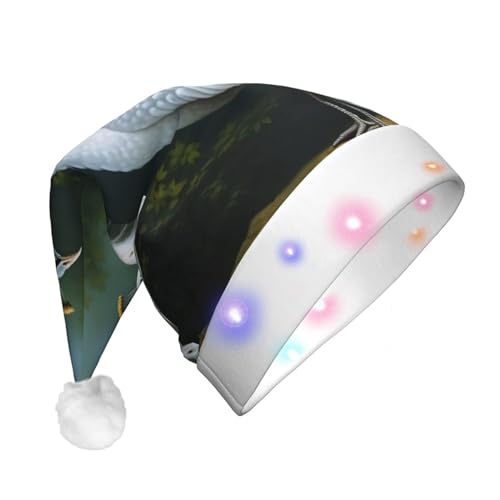 Dwrepo Weihnachtsmütze mit weißem Pfauen-Druck, mit LED-Lichtern, Plüsch, Weihnachtsmannmütze, Weihnachtsmütze für Erwachsene, Feiertagsparty-Geschenke von Dwrepo