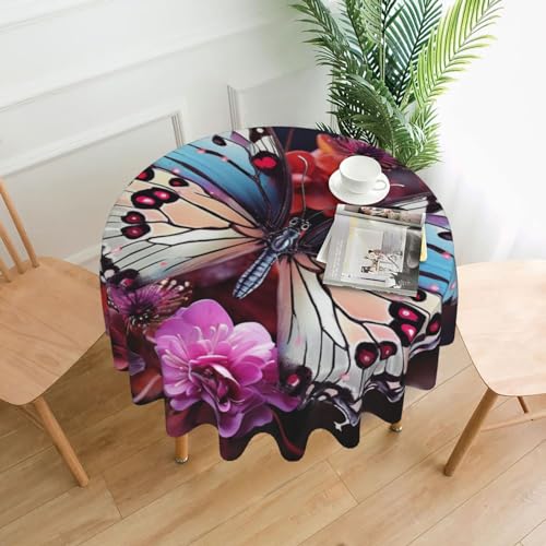 Runde Tischdecke, 152,4 cm, wasserdicht, bunte Schmetterlinge auf Blumen, flecken- und knitterfrei, waschbar, Polyester-Tischdecke für Esstisch, Hochzeit, Bankett, Party von Dwrepo