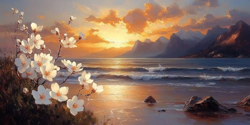 Blume Malen Nach Zahlen Erwachsene,Strand Malen Nach Zahlen Kinder AnfäNger DIY Handgemalt öLgemäLde Kit, Acrylfarben mit 3 Set Pinseln für Wanddeko Wohnzimmer, Geschenke Mädchen 50X100CM Ungerahmt von Dxoaoocc