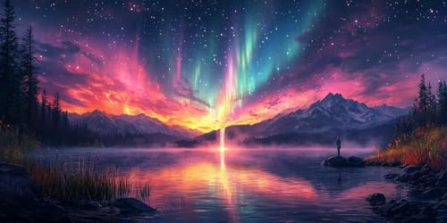 Gebirge Malen Nach Zahlen Erwachsene,Aurora Malen Nach Zahlen Kinder AnfäNger DIY Handgemalt öLgemäLde Kit, Acrylfarben mit 3 Set Pinseln für Home Wanddeko Wohnzimmer, Geschenke50X100CM (Ungerahmt) von Dxoaoocc