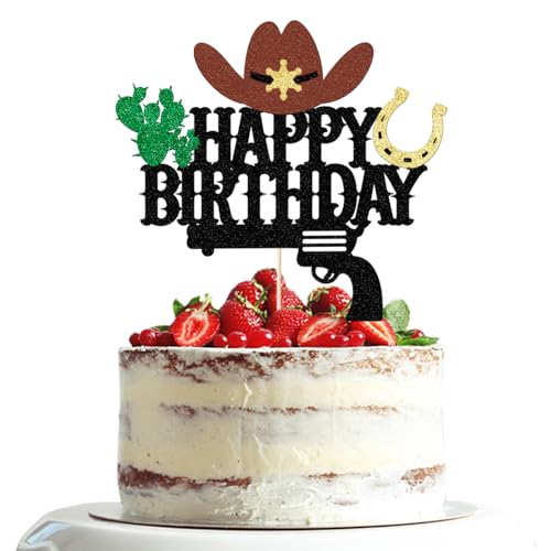 Dxsdgetue Cowboy Happy Birthday Tortenaufsatz glänzend Cowboy Happy Birthday Kuchenaufsatz für Jungen Mädchen Cowboy-Themen-Geburtstagsdekorationen (schwarz) von Dxsdgetue