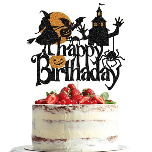 Dxsdgetue Hexe Happy Birthday Cake Topper - Halloween Happy Birthday Kuchendekorationen, Fledermaus Spooky Haunted House Bday Kürbis Cake Topper, Halloween Themed Cake Decor Schwarzer Glitzer Dxsdgetue Hexe Happy Birthday Cake Topper - Halloween Happy Birthday Kuchendekorationen, Fledermaus Spooky Haunted House Bday Kürbis Cake Topper, Halloween Themed Cake Decor Schwarzer Glitzer von Dxsdgetue