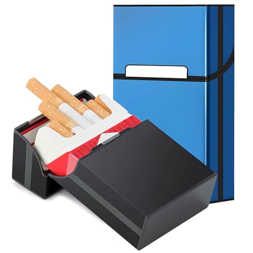 DxxD Zigarettenetui, 2 Stück Zigarettenbox Metall mit Magnetverschluss, Aluminium Zigarettenschachtel für 20 Zigaretten, Kunststoffgehäuse Einrast Funktion Leichter Zigarettenkasten (Schwarz, Blau) von DxxD