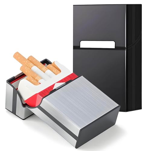 DxxD Zigarettenetui, Zigarettenbox Metall mit Magnetverschluss, 2 Stück Aluminium Zigarettenschachtel für 20 Zigaretten, Kunststoffgehäuse Einrast Funktion Leichter Zigarettenkasten (Schwarz, Silber) von DxxD