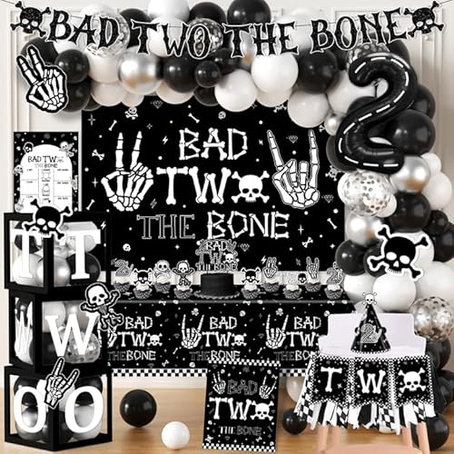 2. Geburtstag Dekorationen für Jungen, Bad Two The Bone Party Dekorationen mit Hintergrund Ballon Box Kuchen Cupcake Topper Tischdecke für Bad 2 The Bone Halloween 2 Jahre alt Geburtstag Party von Dydamud