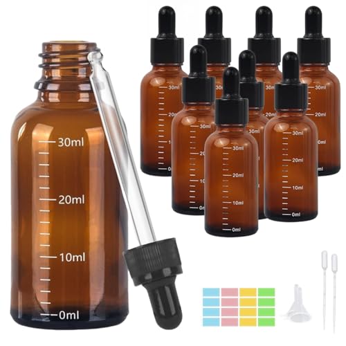 Pipettenflasche,8 Stück 30ml Apothekerflasche Pipette,Tropfflasche aus Braunglas,Braun Pipettenflasche,mit 2 Trichter 2 Pipette Nadelspitze 1 Aufkleber,für Ätherische Öl,Parfümöle,Düfte,Flüssigkeit von Dyiouxin