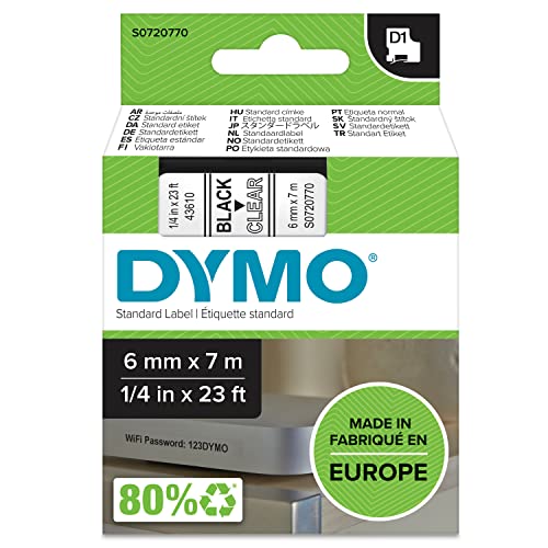 DYMO Original D1-Etikettenband | schwarz auf transparent | 6 mm x 7 m | selbstklebendes Schriftband | für LabelManager-Beschriftungsgerät von Dymo