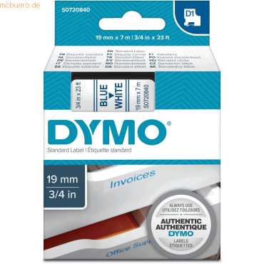 Dymo Beschriftungsband D1 19mm blau auf weiß von Dymo