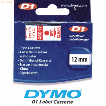 Dymo Etikettenband Dymo D1 12mm/7m rot/transparent von Dymo