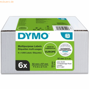 Dymo LabelWriter Mehrzwecketiketten 57x32mm weiß VE=6x1000 Etiketten von Dymo