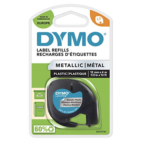 Dymo S0721750 Kassette für Beschriftungsgerät Letra Tag Schriftband metall, laminiert, 4 m x 12 mm, schwarz/Silber von Dymo