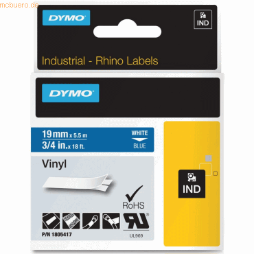 Dymo Schriftbandkassette PVC 5,5mx19mm weiß/blau von Dymo